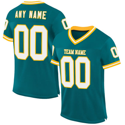 Custom Teal White Gold Mesh Authentic Throwback Football Jersey, Team Jerseys Football, Custom Football Jersey