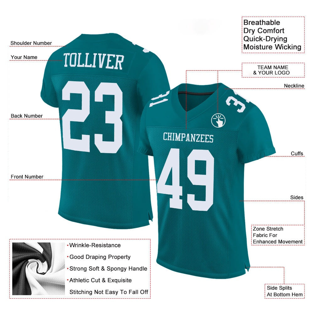 Custom Teal White Mesh Authentic Football Jersey, Team Jerseys Football, Custom Football Jersey