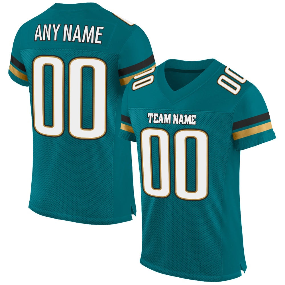 Custom Teal White Old Gold Mesh Authentic Football Jersey, Team Jerseys Football, Custom Football Jersey