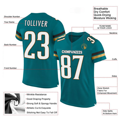 Custom Teal White Old Gold Mesh Authentic Football Jersey, Team Jerseys Football, Custom Football Jersey