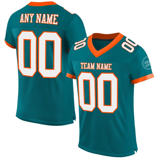Custom Teal White Orange Mesh Authentic Football Jersey, Team Jerseys Football, Custom Football Jersey
