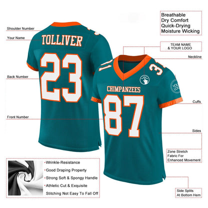 Custom Teal White Orange Mesh Authentic Football Jersey, Team Jerseys Football, Custom Football Jersey