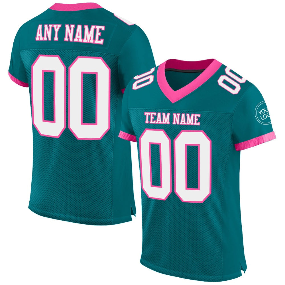 Custom Teal White Pink Mesh Authentic Football Jersey, Team Jerseys Football, Custom Football Jersey