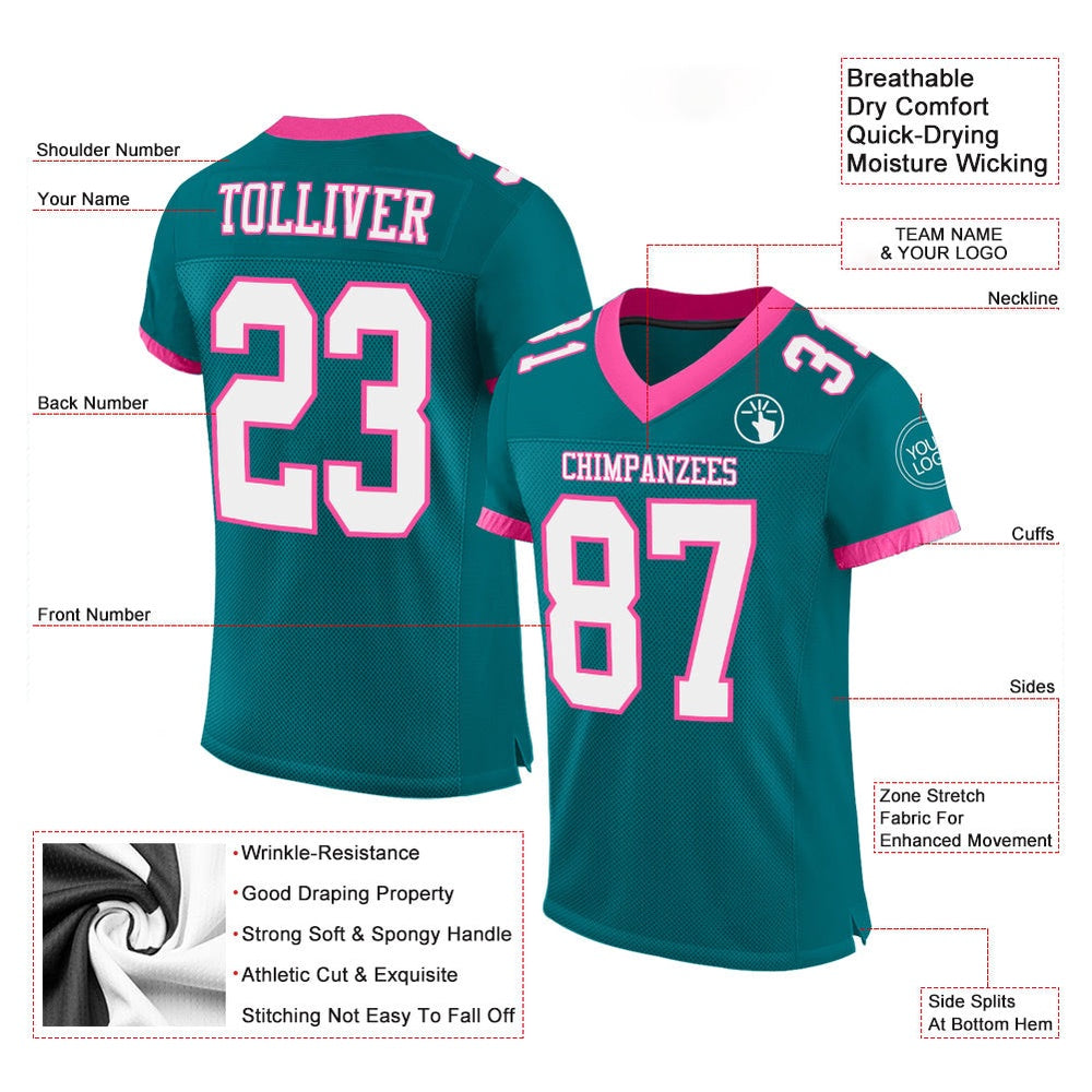 Custom Teal White Pink Mesh Authentic Football Jersey, Team Jerseys Football, Custom Football Jersey