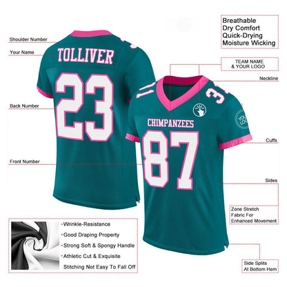 Custom Teal White Pink Mesh Authentic Football Jersey, Team Jerseys Football, Custom Football Jersey