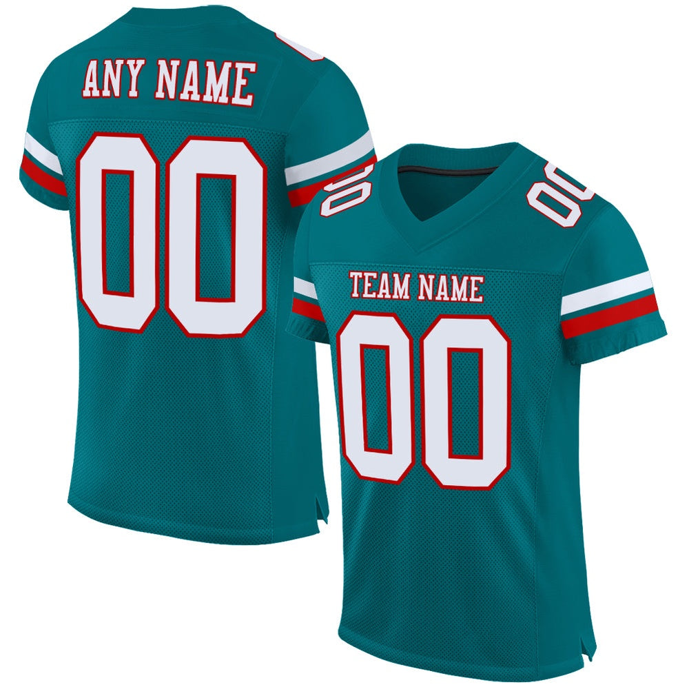 Custom Teal White Red Mesh Authentic Football Jersey, Team Jerseys Football, Custom Football Jersey
