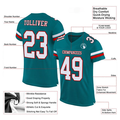 Custom Teal White Red Mesh Authentic Football Jersey, Team Jerseys Football, Custom Football Jersey