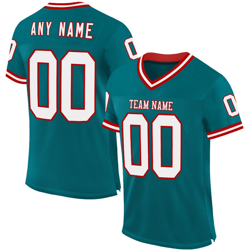 Custom Teal White Red Mesh Authentic Throwback Football Jersey, Team Jerseys Football, Custom Football Jersey