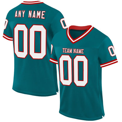 Custom Teal White Red Mesh Authentic Throwback Football Jersey, Team Jerseys Football, Custom Football Jersey