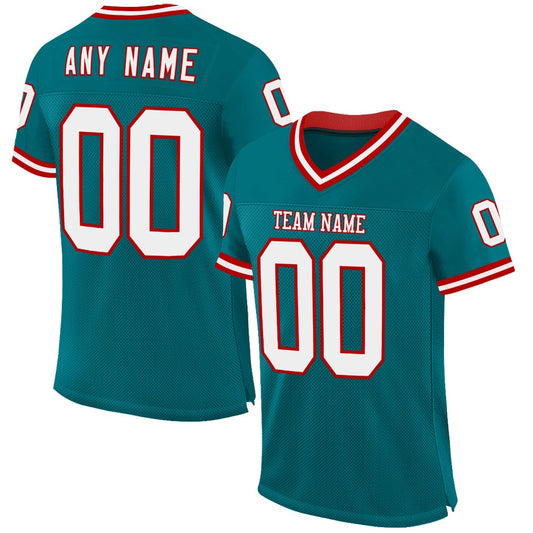 Custom Teal White Red Mesh Authentic Throwback Football Jersey, Team Jerseys Football, Custom Football Jersey