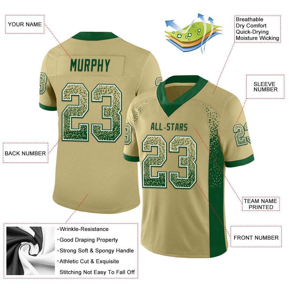 Custom Vegas Gold Green White Mesh Drift Fashion Football Jersey, Team Jerseys Football, Custom Football Jersey