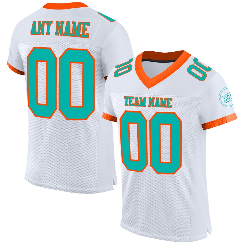 Custom White Aqua Orange Mesh Authentic Football Jersey, Team Jerseys Football, Custom Football Jersey