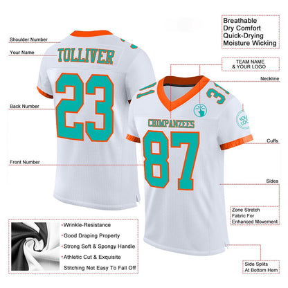 Custom White Aqua Orange Mesh Authentic Football Jersey, Team Jerseys Football, Custom Football Jersey