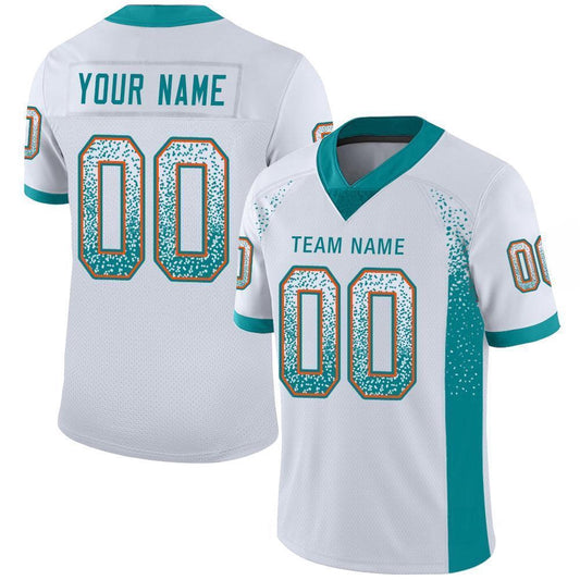 Custom White Aqua Orange Mesh Drift Fashion Football Jersey, Team Jerseys Football, Custom Football Jersey