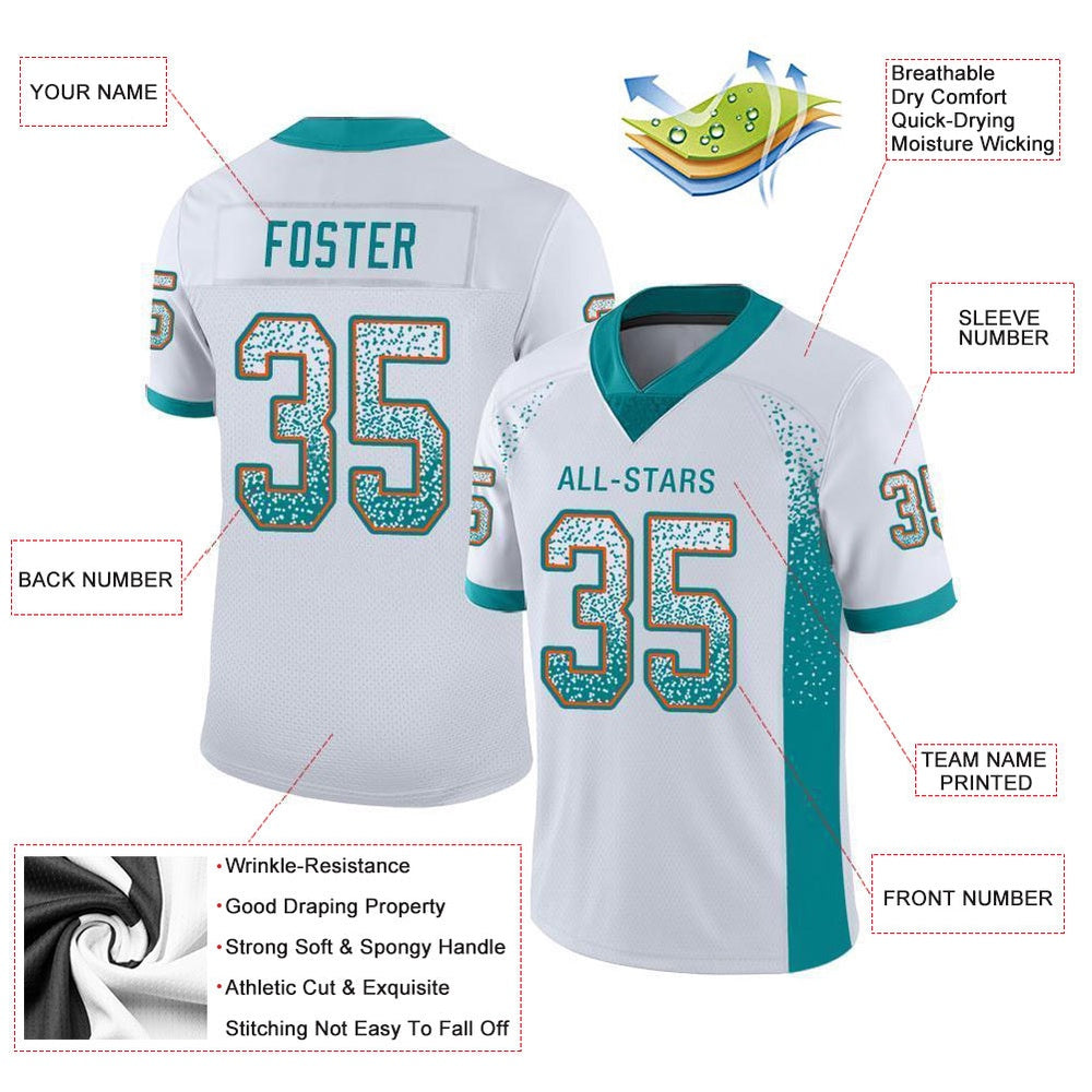 Custom White Aqua Orange Mesh Drift Fashion Football Jersey, Team Jerseys Football, Custom Football Jersey