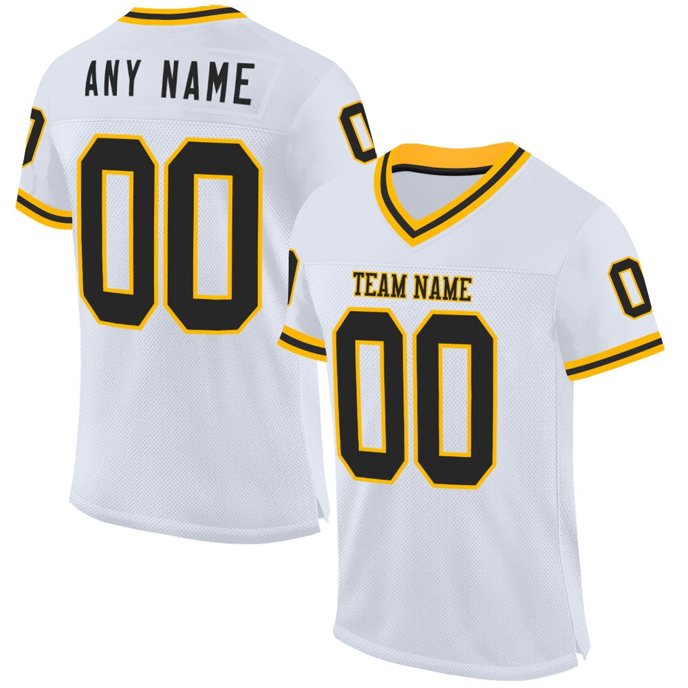 Custom White Black Gold Mesh Authentic Throwback Football Jersey, Team Jerseys Football, Custom Football Jersey