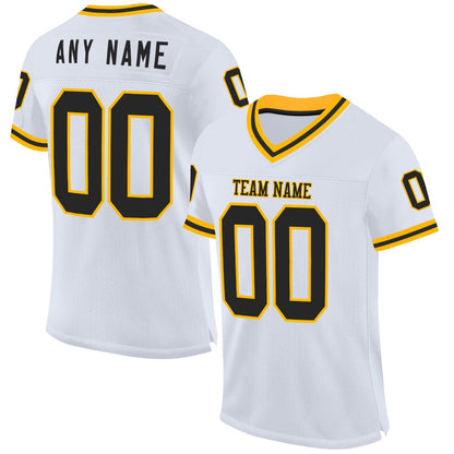 Custom White Black Gold Mesh Authentic Throwback Football Jersey, Team Jerseys Football, Custom Football Jersey
