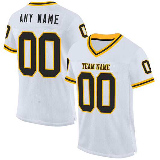 Custom White Black Gold Mesh Authentic Throwback Football Jersey, Team Jerseys Football, Custom Football Jersey