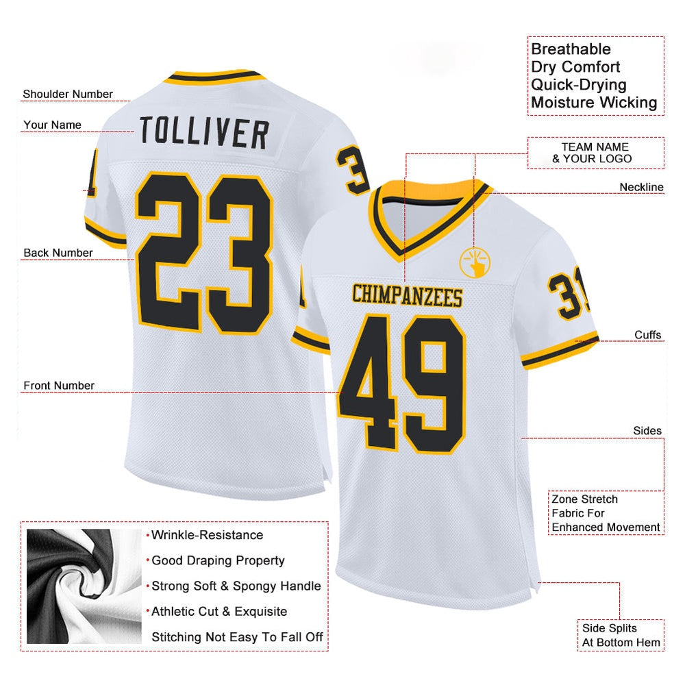 Custom White Black Gold Mesh Authentic Throwback Football Jersey, Team Jerseys Football, Custom Football Jersey