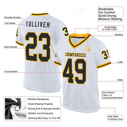 Custom White Black Gold Mesh Authentic Throwback Football Jersey, Team Jerseys Football, Custom Football Jersey