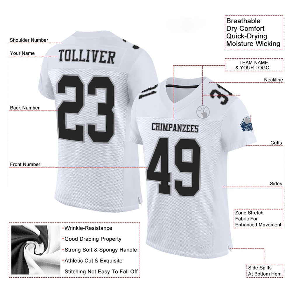 Custom White Black Gray Mesh Authentic Football Jersey, Team Jerseys Football, Custom Football Jersey