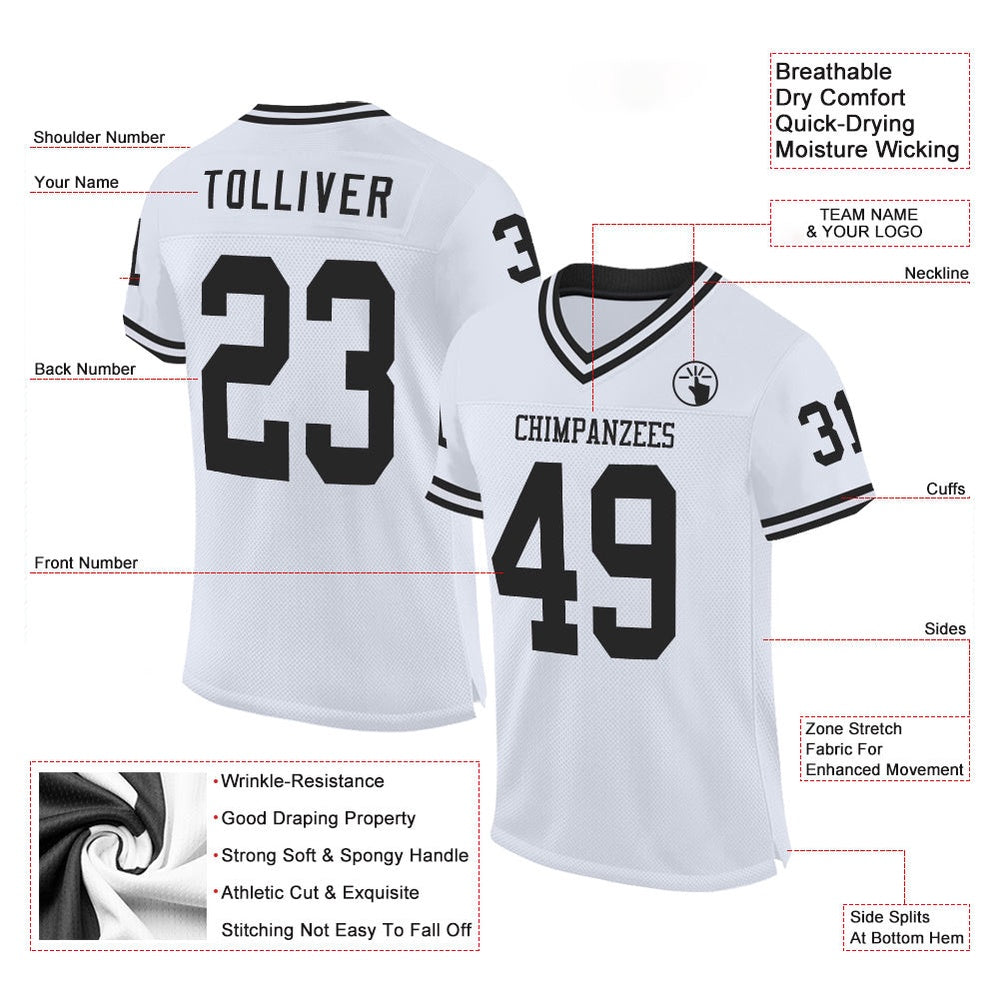 Custom White Black Mesh Authentic Throwback Football Jersey, Team Jerseys Football, Custom Football Jersey