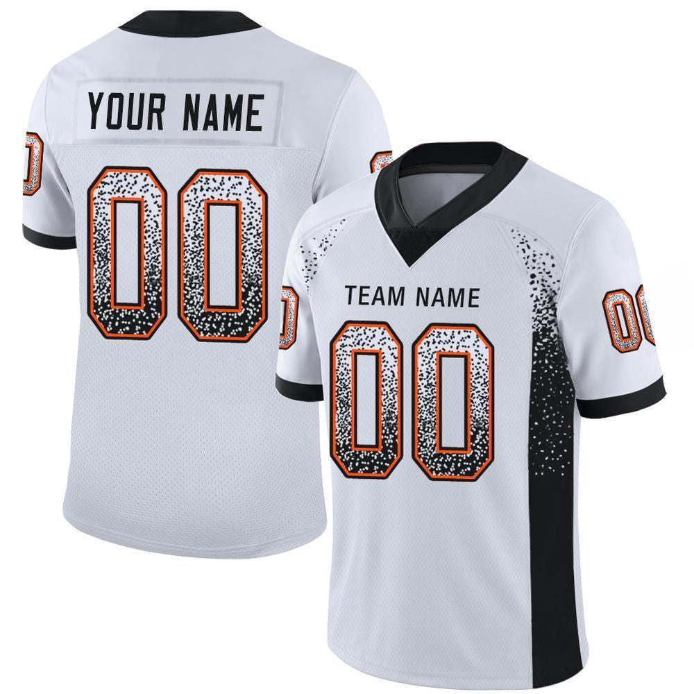 Custom White Black Orange Mesh Drift Fashion Football Jersey, Team Jerseys Football, Custom Football Jersey