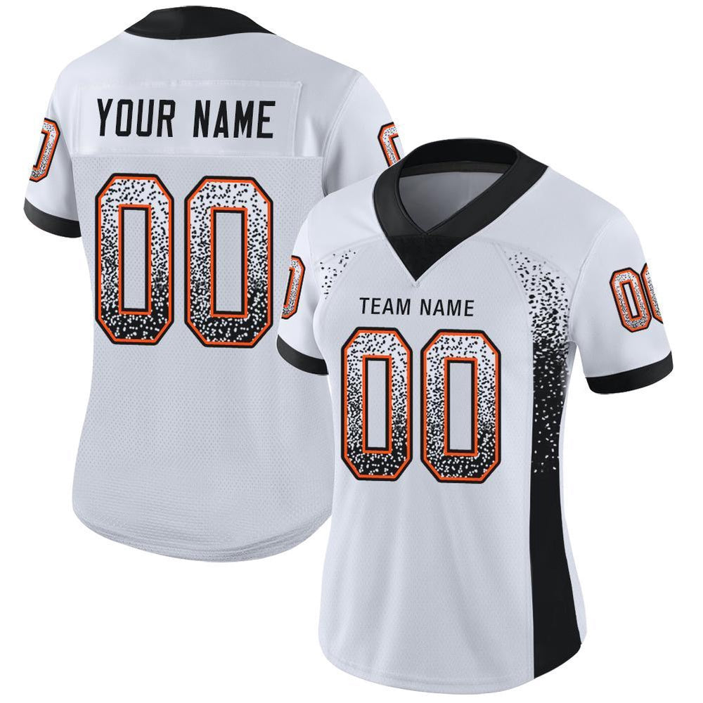 Custom White Black Orange Mesh Drift Fashion Football Jersey, Team Jerseys Football, Custom Football Jersey