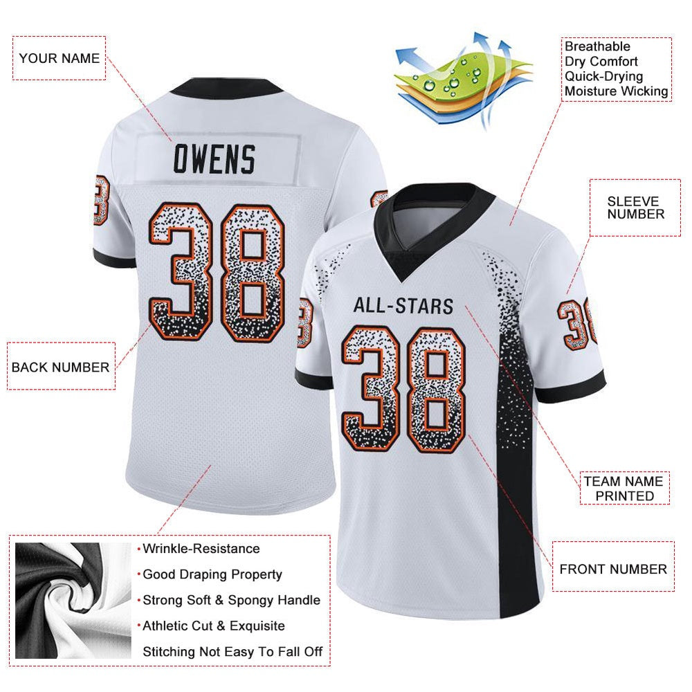 Custom White Black Orange Mesh Drift Fashion Football Jersey, Team Jerseys Football, Custom Football Jersey