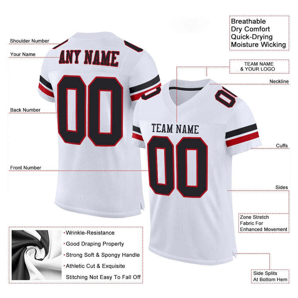 Custom White Black Red Mesh Authentic Football Jersey, Team Jerseys Football, Custom Football Jersey