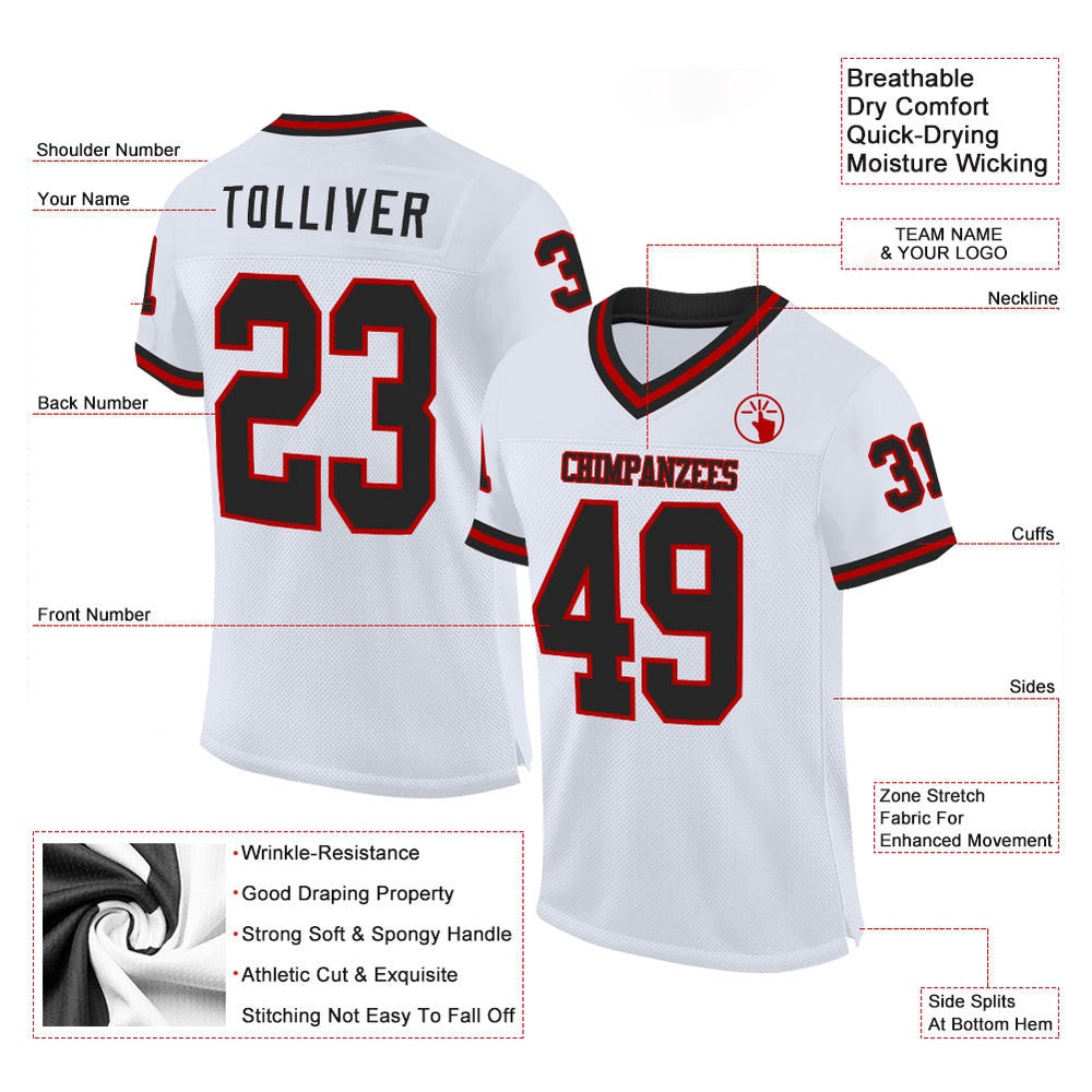 Custom White Black Red Mesh Authentic Throwback Football Jersey, Team Jerseys Football, Custom Football Jersey