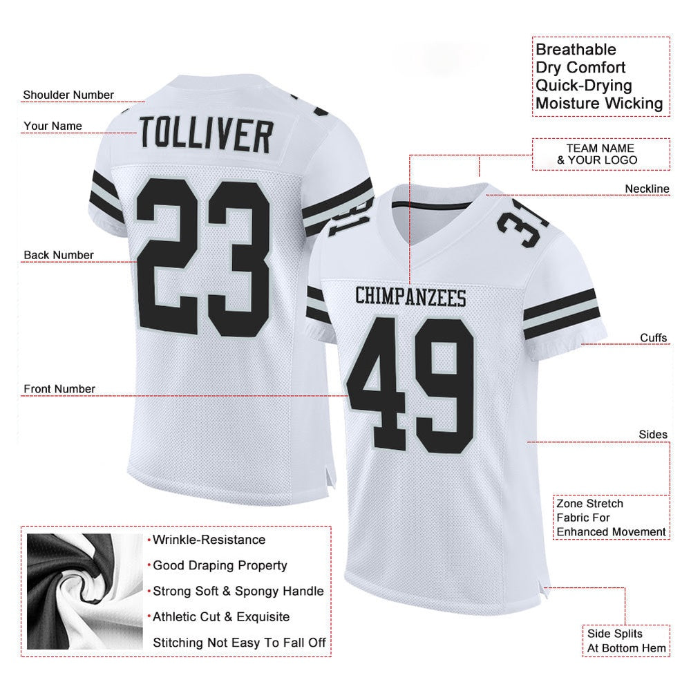 Custom White Black Silver Mesh Authentic Football Jersey, Team Jerseys Football, Custom Football Jersey