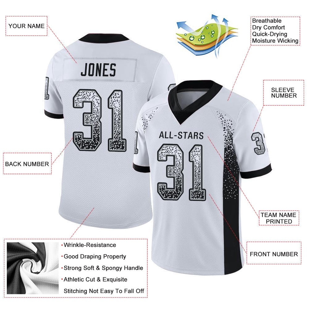 Custom White Black Silver Mesh Drift Fashion Football Jersey, Team Jerseys Football, Custom Football Jersey