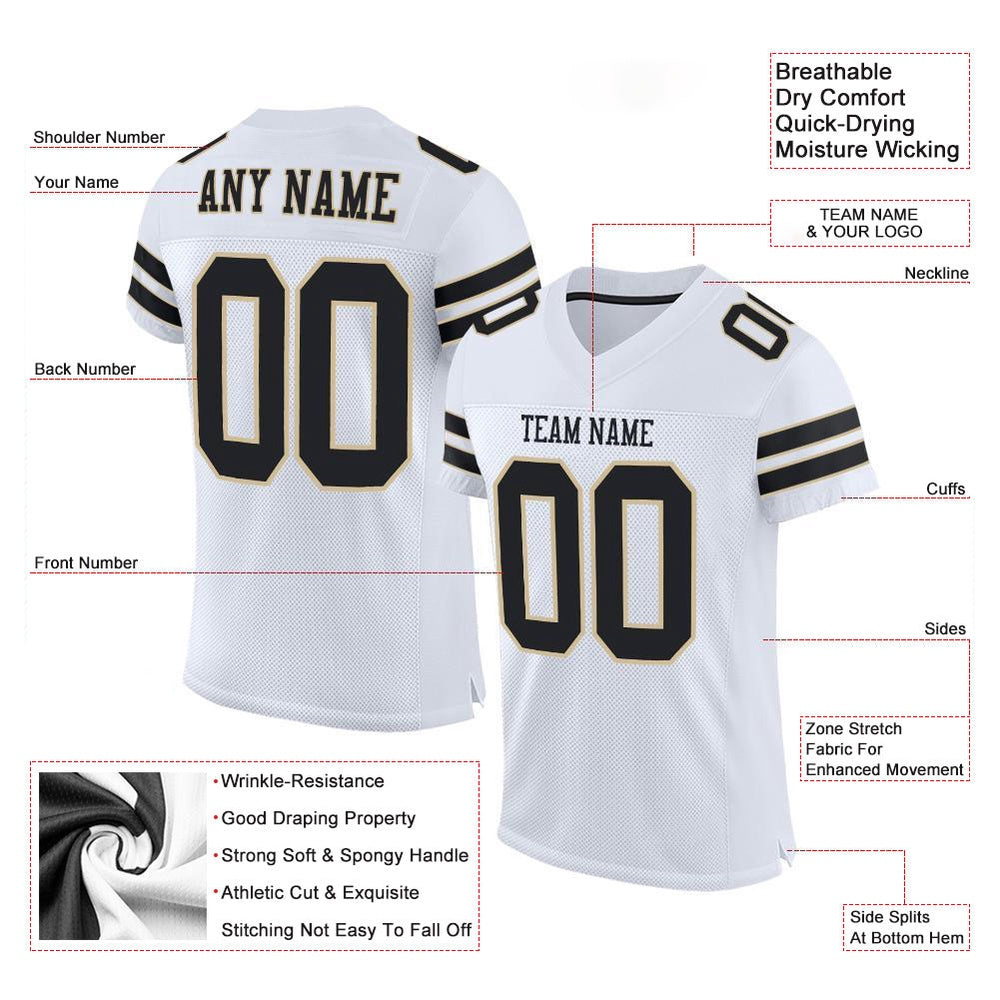 Custom White Black Vegas Gold Mesh Authentic Football Jersey, Team Jerseys Football, Custom Football Jersey
