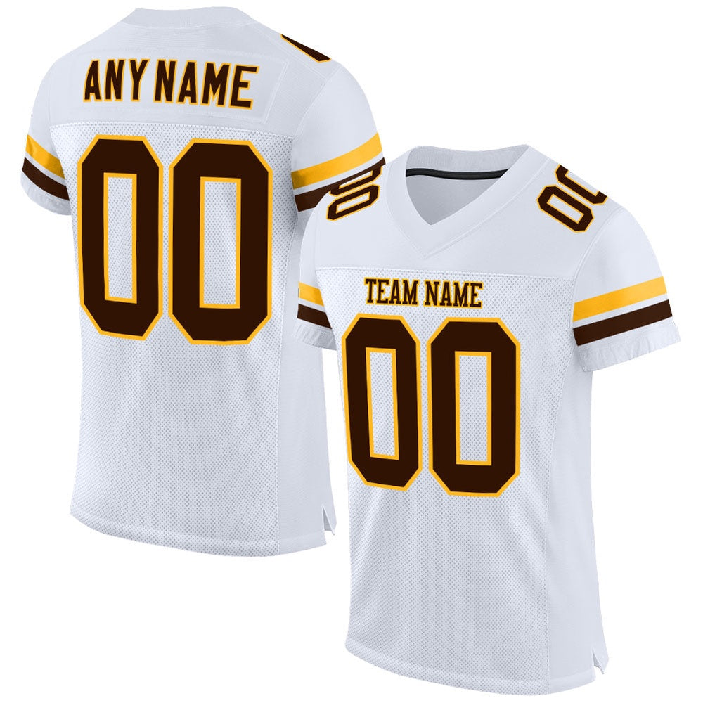 Custom White Brown Gold Mesh Authentic Football Jersey, Team Jerseys Football, Custom Football Jersey