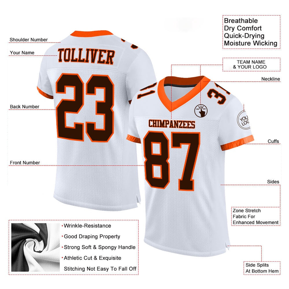 Custom White Brown Orange Mesh Authentic Football Jersey, Team Jerseys Football, Custom Football Jersey