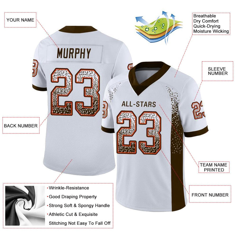 Custom White Brown Orange Mesh Drift Fashion Football Jersey, Team Jerseys Football, Custom Football Jersey
