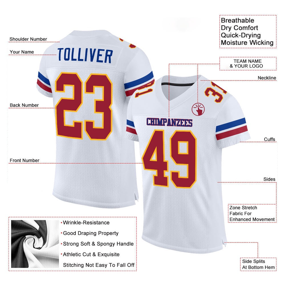 Custom White Cardinal Gold Mesh Authentic Football Jersey, Team Jerseys Football, Custom Football Jersey