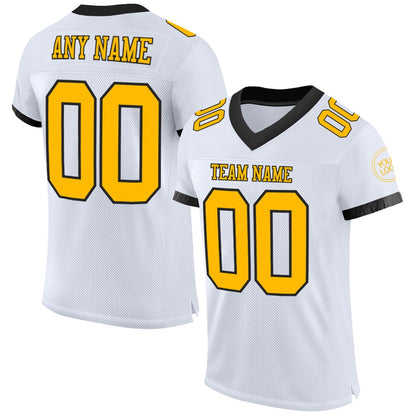 Custom White Gold Black Mesh Authentic Football Jersey, Team Jerseys Football, Custom Football Jersey