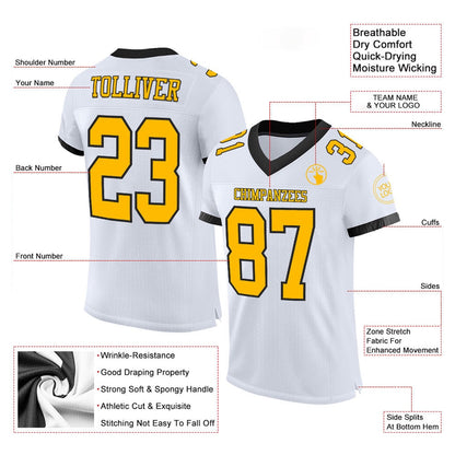 Custom White Gold Black Mesh Authentic Football Jersey, Team Jerseys Football, Custom Football Jersey