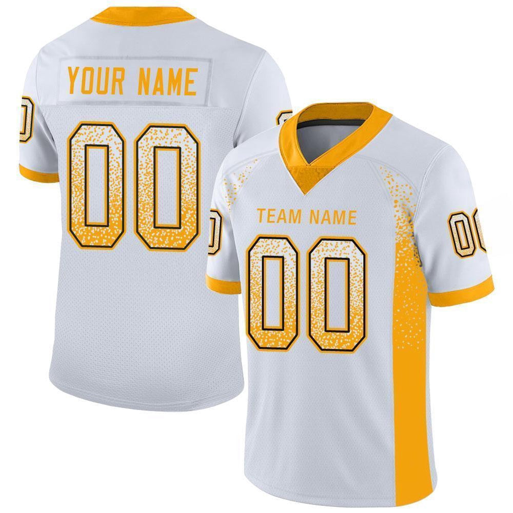 Custom White Gold Black Mesh Drift Fashion Football Jersey, Team Jerseys Football, Custom Football Jersey