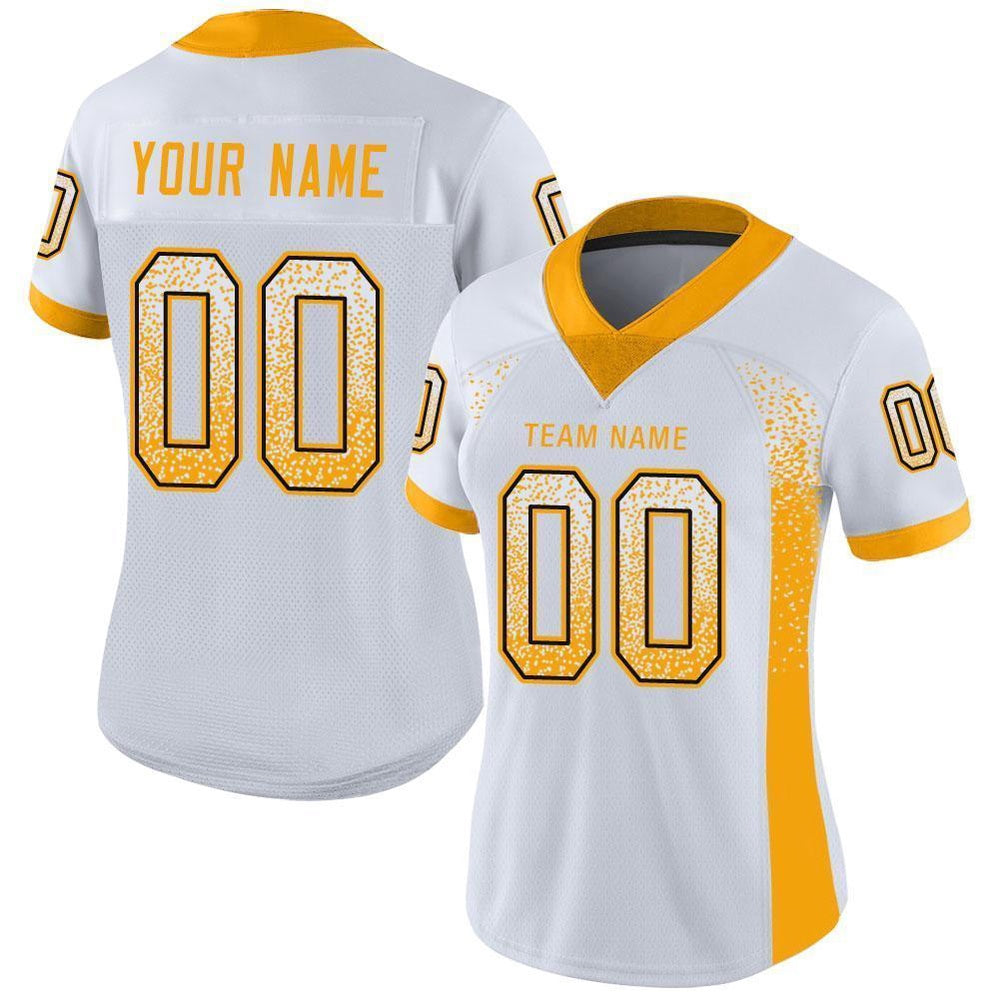 Custom White Gold Black Mesh Drift Fashion Football Jersey, Team Jerseys Football, Custom Football Jersey