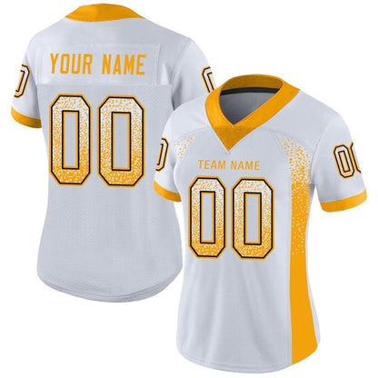 Custom White Gold Black Mesh Drift Fashion Football Jersey, Team Jerseys Football, Custom Football Jersey