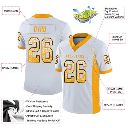 Custom White Gold Black Mesh Drift Fashion Football Jersey, Team Jerseys Football, Custom Football Jersey