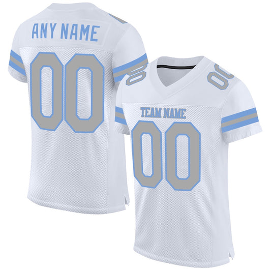 Custom White Gray Light Blue Mesh Authentic Football Jersey, Team Jerseys Football, Custom Football Jersey