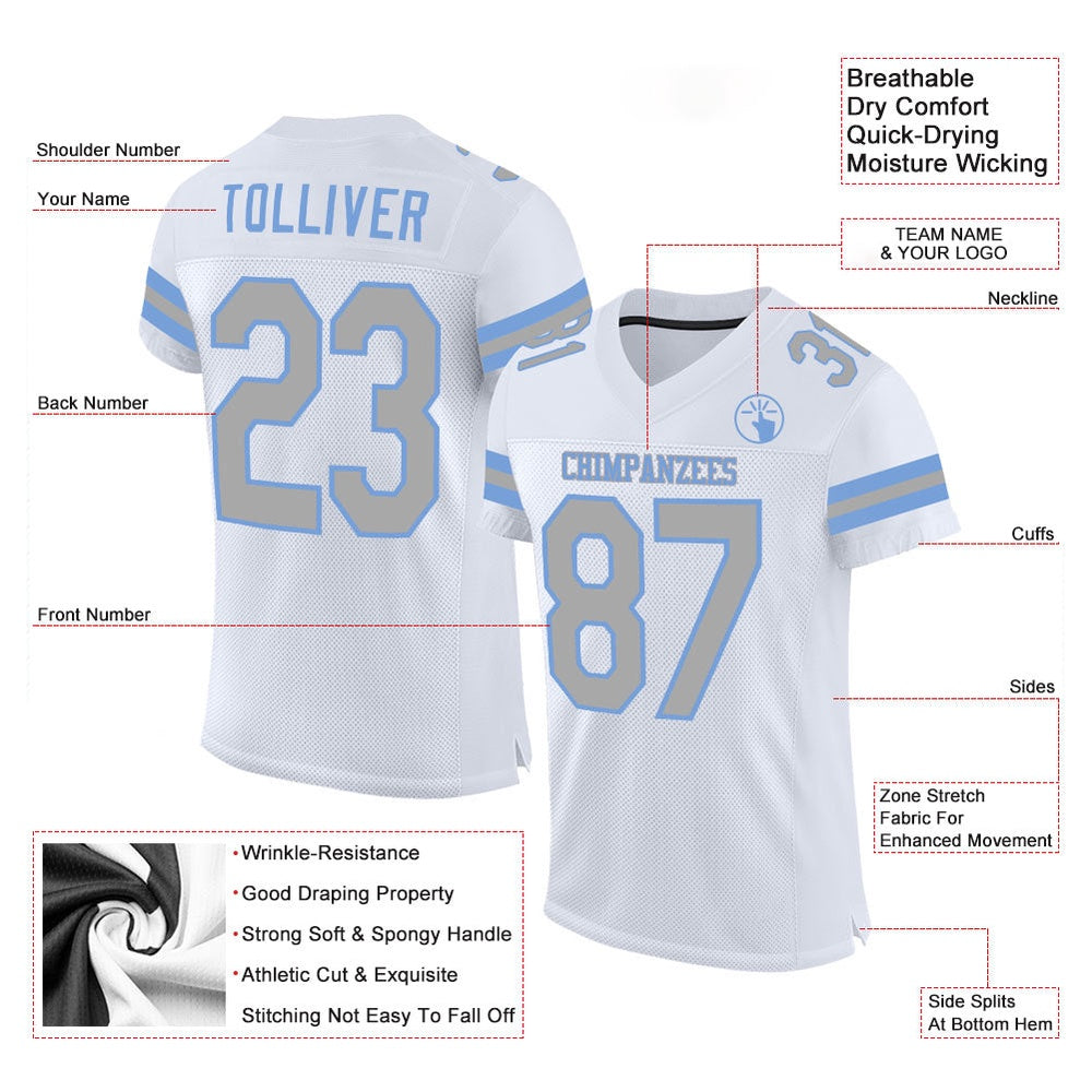 Custom White Gray Light Blue Mesh Authentic Football Jersey, Team Jerseys Football, Custom Football Jersey