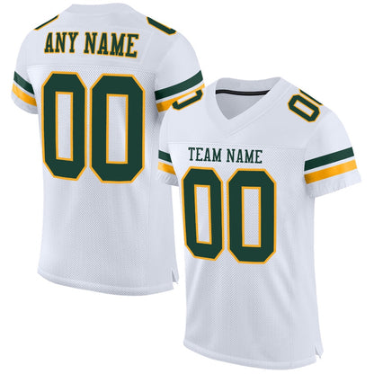 Custom White Green Gold Mesh Authentic Football Jersey, Team Jerseys Football, Custom Football Jersey
