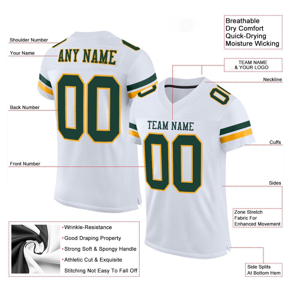 Custom White Green Gold Mesh Authentic Football Jersey, Team Jerseys Football, Custom Football Jersey