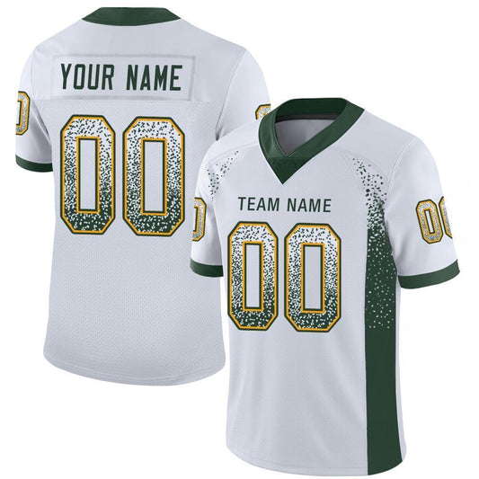 Custom White Green Gold Mesh Drift Fashion Football Jersey, Team Jerseys Football, Custom Football Jersey