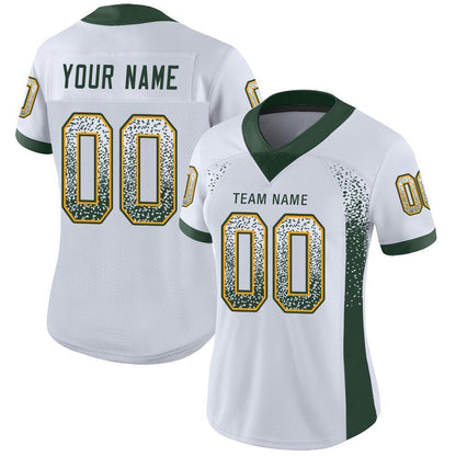 Custom White Green Gold Mesh Drift Fashion Football Jersey, Team Jerseys Football, Custom Football Jersey